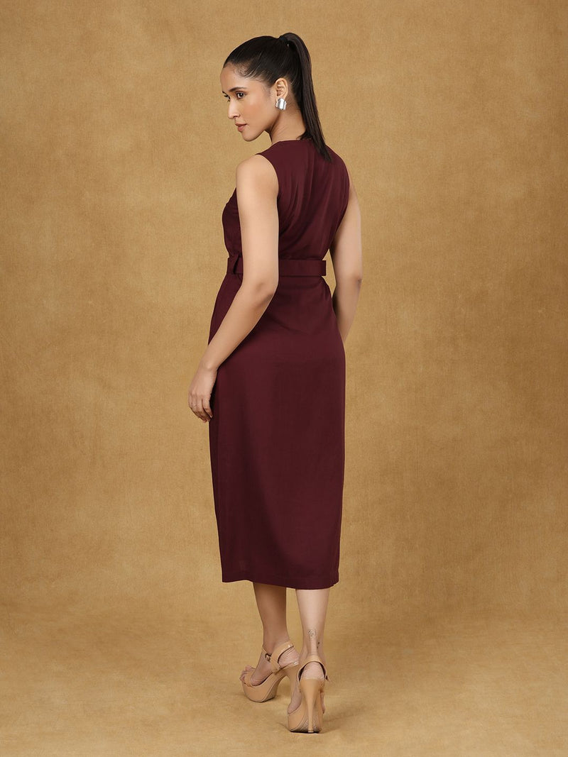 Burgundy Sleeveless Belted Dress