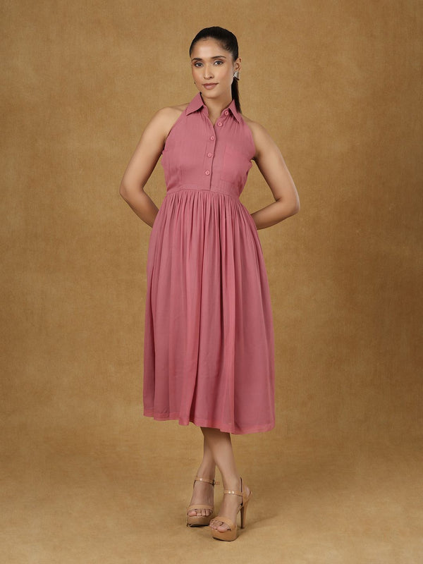 Pink Collar Halter Neck Dress