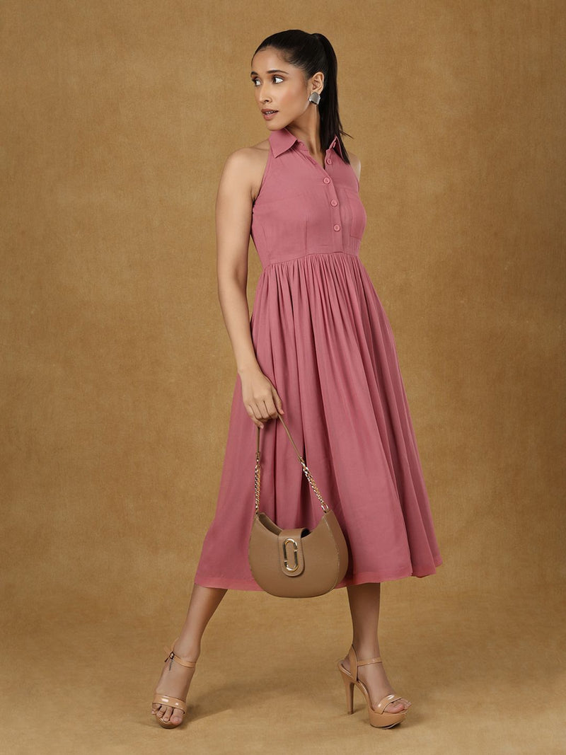 Pink Collar Halter Neck Dress