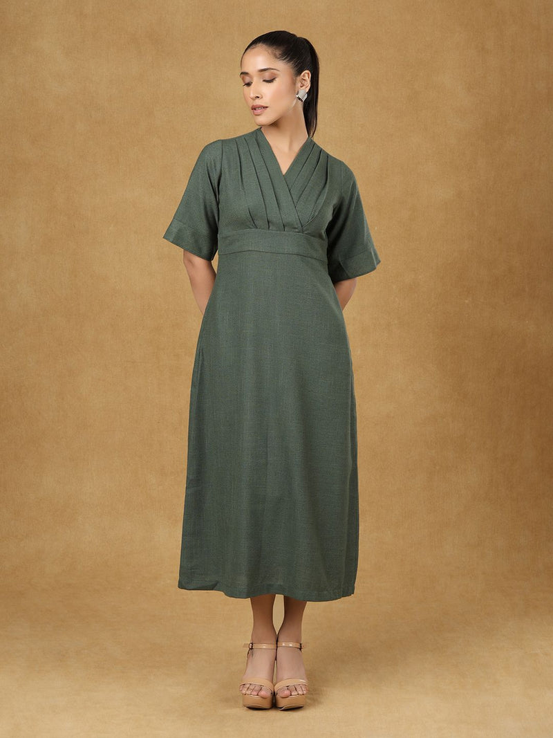 Green Wrap Neck Midi Dress