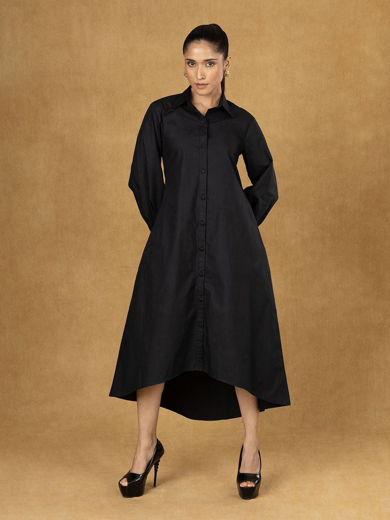 Black Solid High Low Shirt Dress