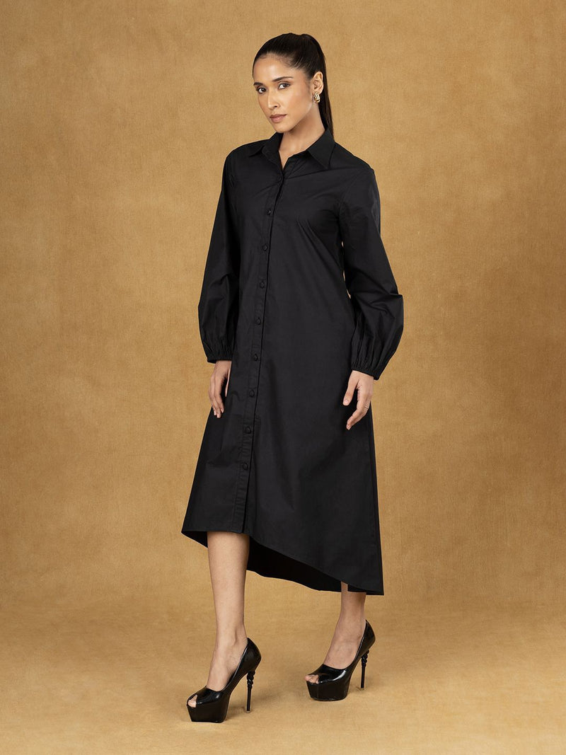 Black Solid High Low Shirt Dress