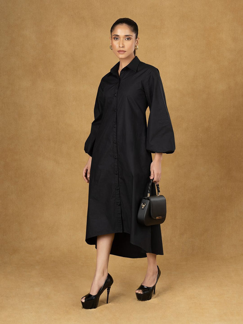 Black Solid High Low Shirt Dress