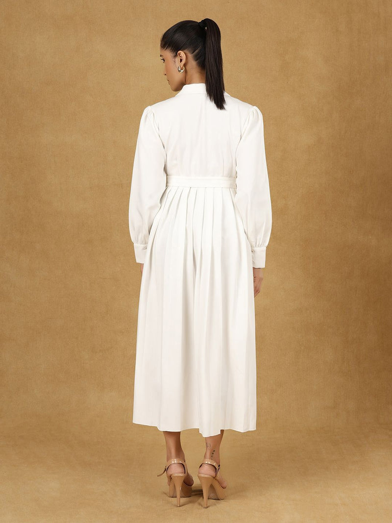 White Solid Notched Collar Midi Dress