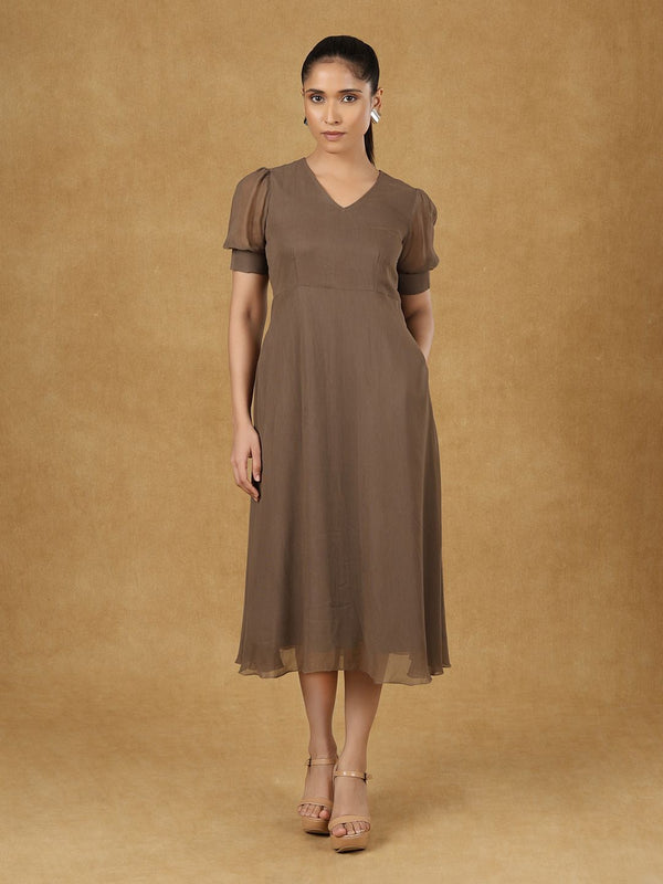 Brown Soild Fit And Flare Dress