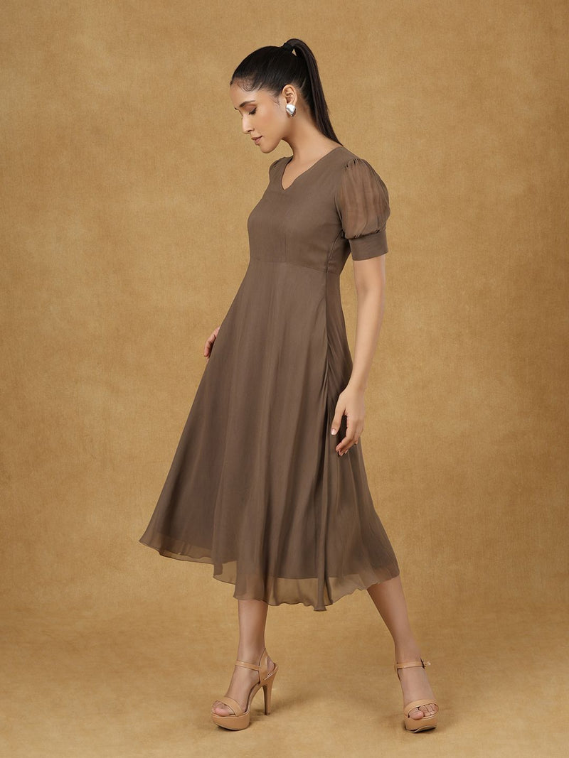 Brown Soild Fit And Flare Dress