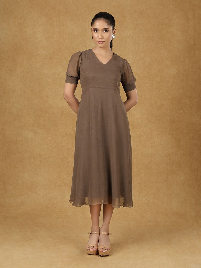 Brown Soild Fit And Flare Dress