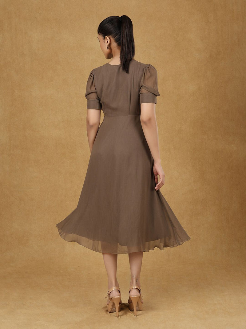 Brown Soild Fit And Flare Dress