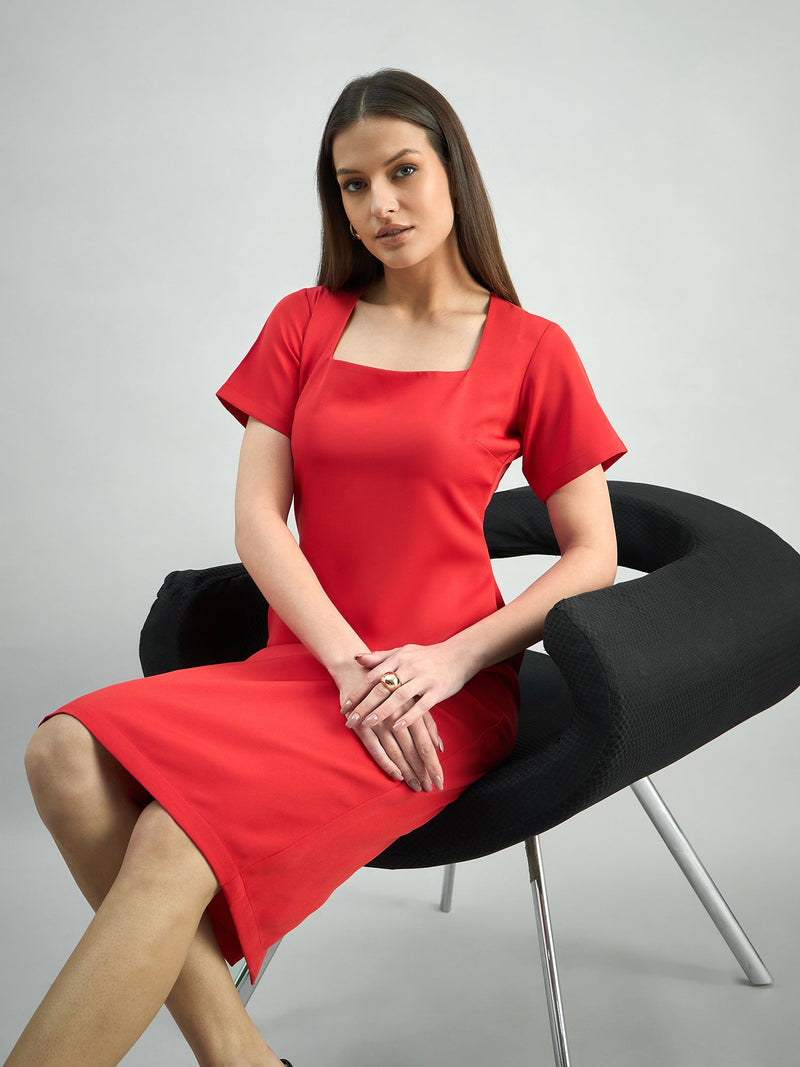 Women's Hot-Red square-neck stretchable midi dress