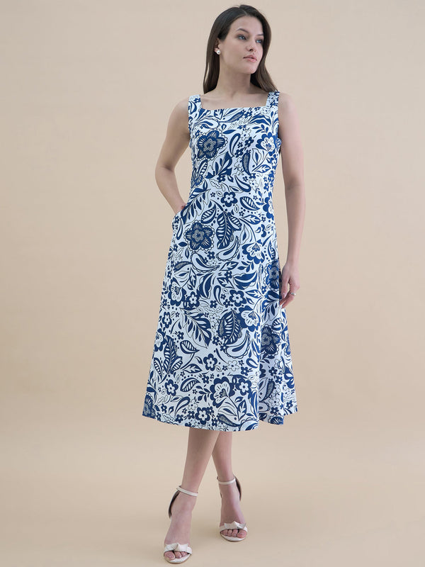 Blue-white floral printed square neck sleeveless fit & flare midi dress