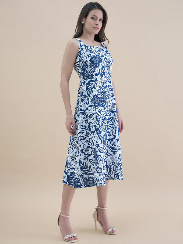 Blue-white floral printed square neck sleeveless fit & flare midi dress