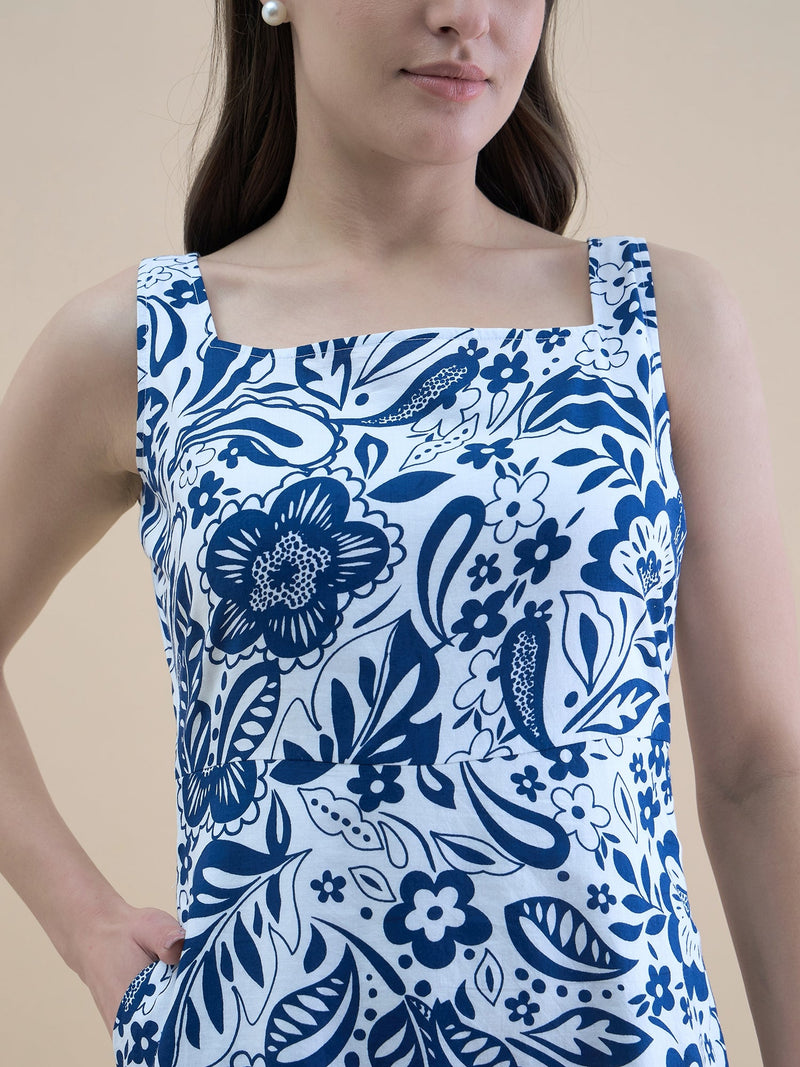 Blue-white floral printed square neck sleeveless fit & flare midi dress