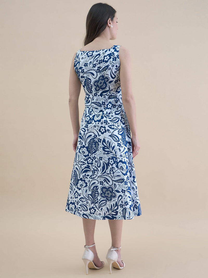 Blue-white floral printed square neck sleeveless fit & flare midi dress