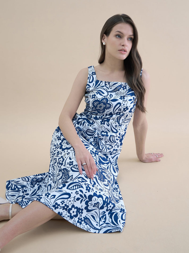 Blue-white floral printed square neck sleeveless fit & flare midi dress