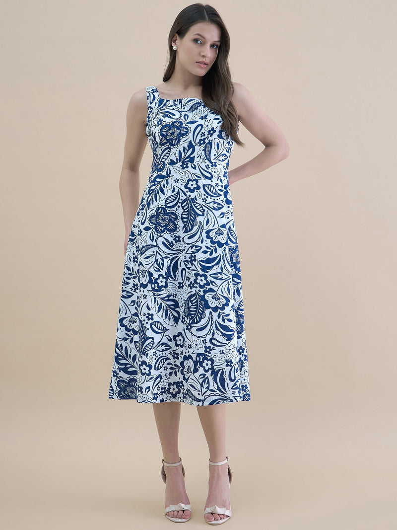 Blue-white floral printed square neck sleeveless fit & flare midi dress