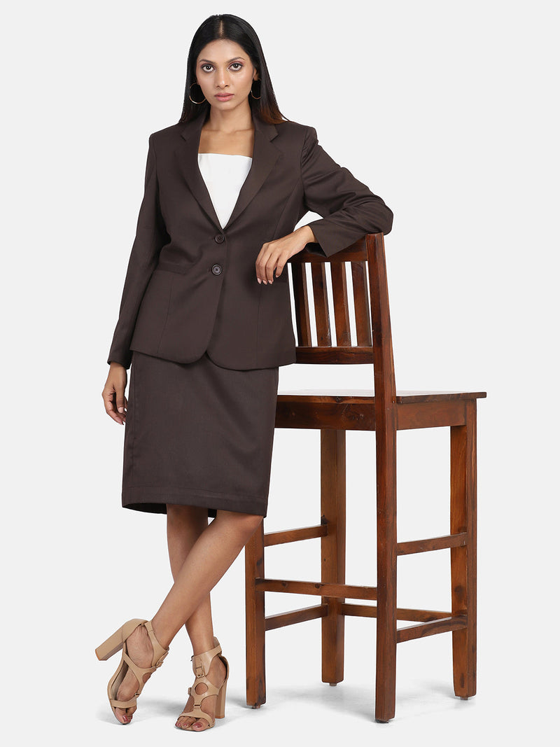 Poly cotton skirt suit in chocolate brown for professional women.