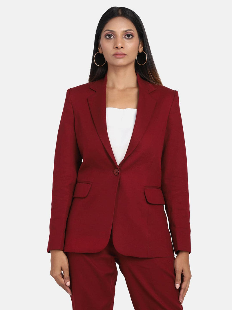 Cotton Blazer For Women - Wine Red