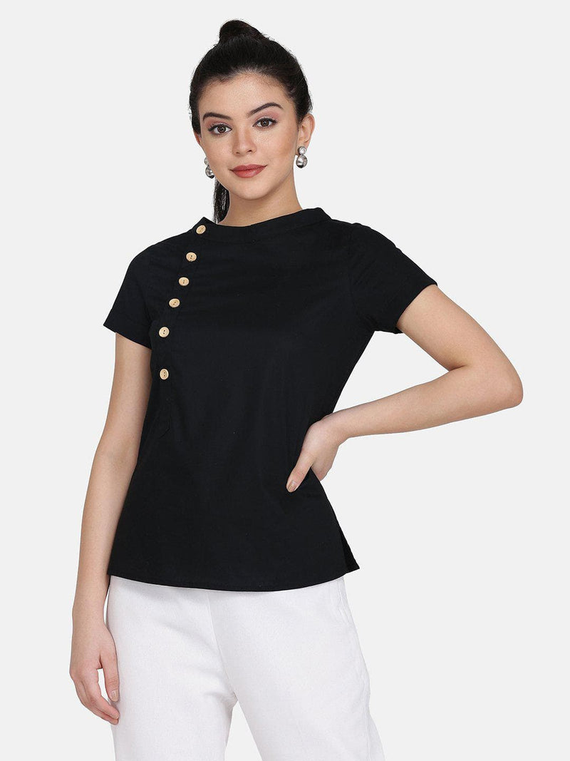 Wood Button Detail Cotton Top For Women - Black