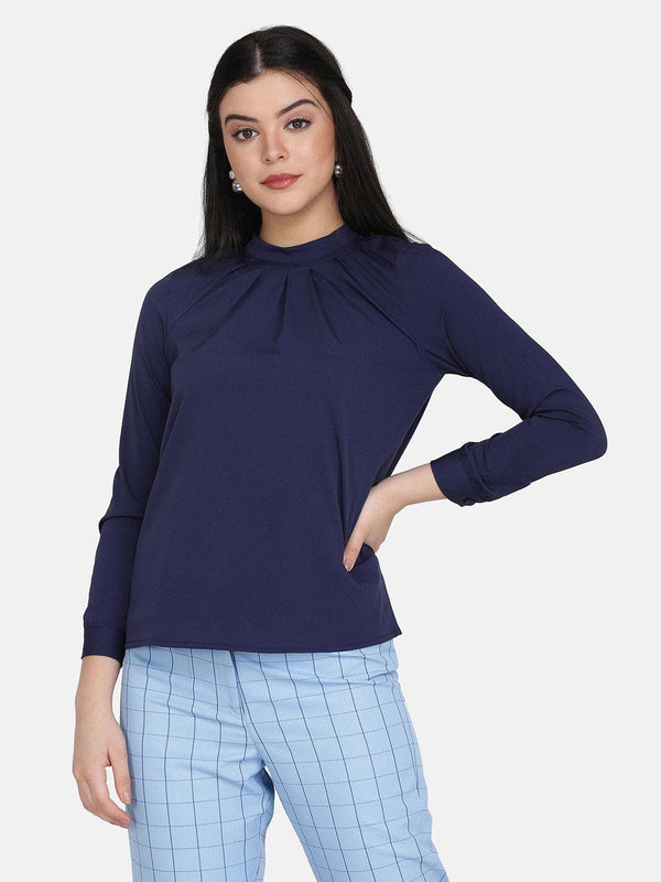 Sunrays Neck Crepe Top For Women - Navy Blue