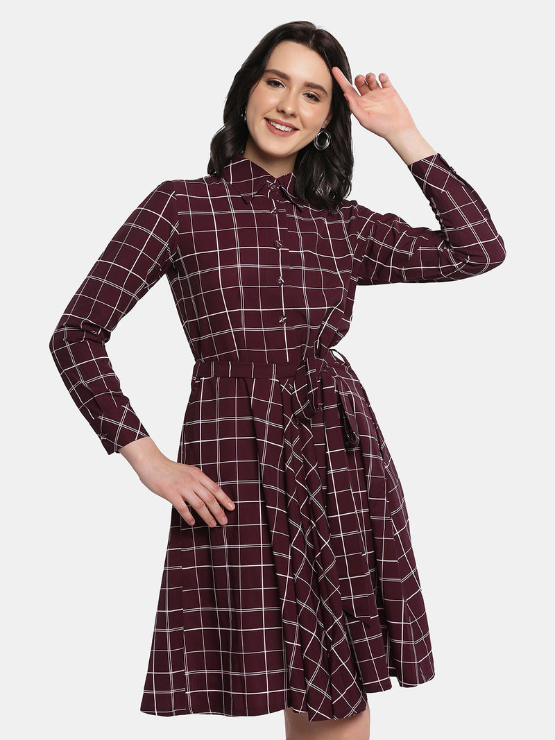 Poly Crepe Checkered Flare Shirt Dress in Maroon, stylish and comfortable for any occasion.