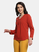 V Neck Crepe Top in Rust color, stylish and trendy women's wear.