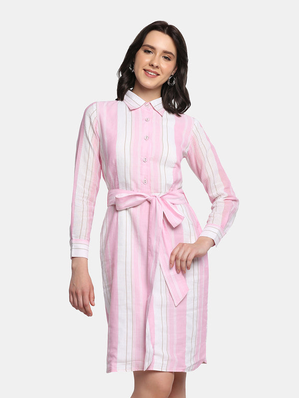 Cotton shirt dress in baby pink with stripes and waist tie.