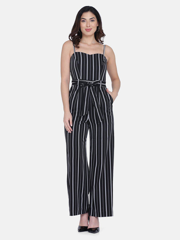 Black Striped Poly Crepe Jumpsuit