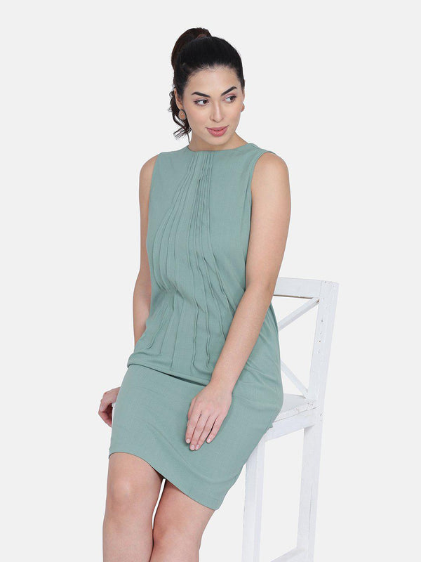 Pintucks Shift Dress For Women  - Meadow Green