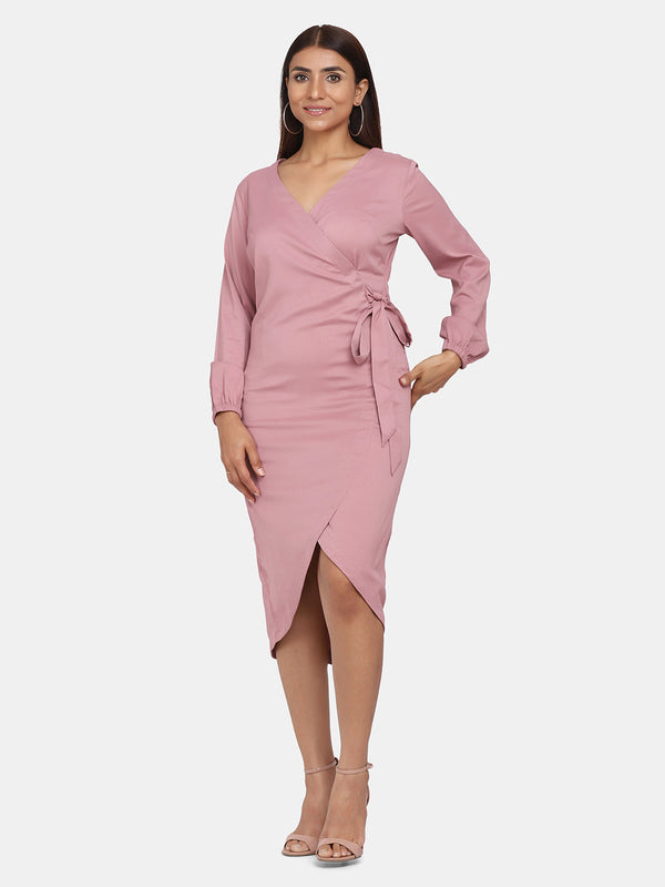 V-Neck Wrap Around Stretch Evening Dress For Women - Blush Pink