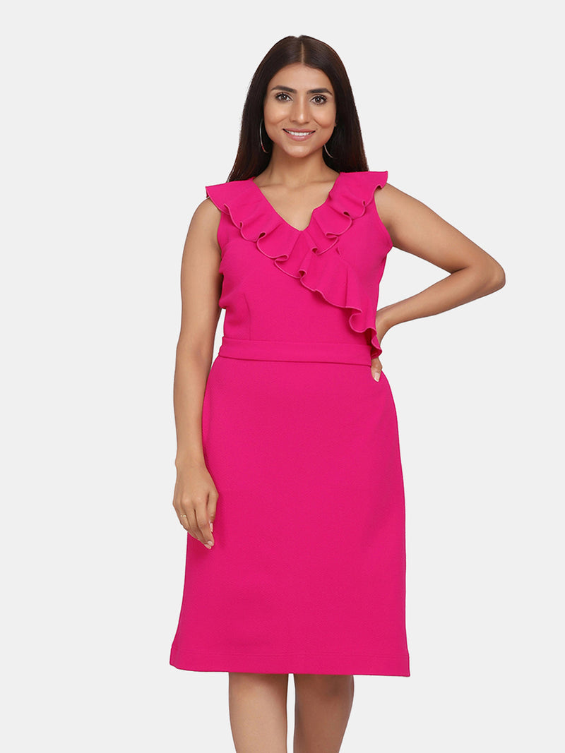 Ruffle Neckline Evening Formal Dress For Women - Fuchsia