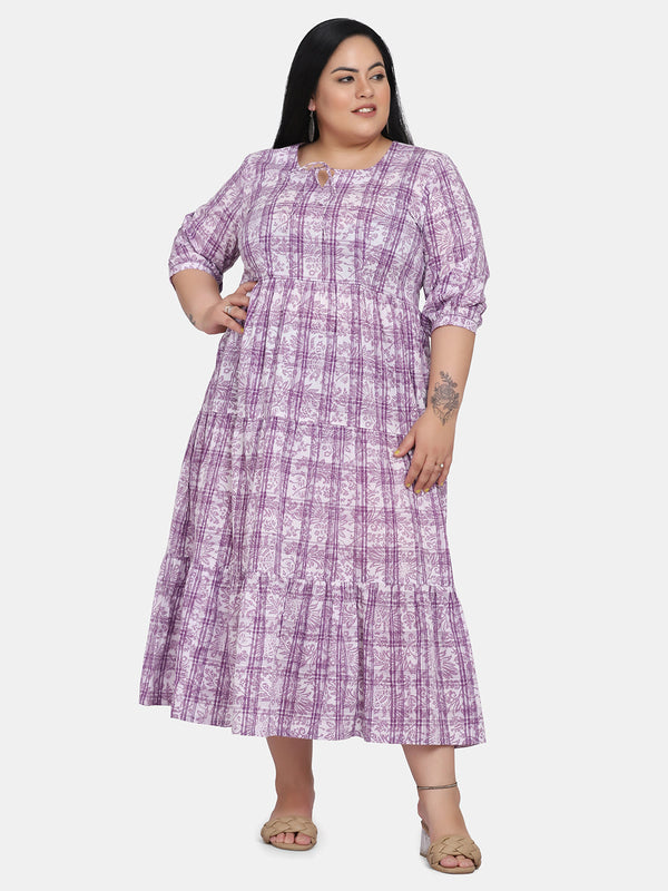 Print Tiered Long Cotton Dress For Women- Purple