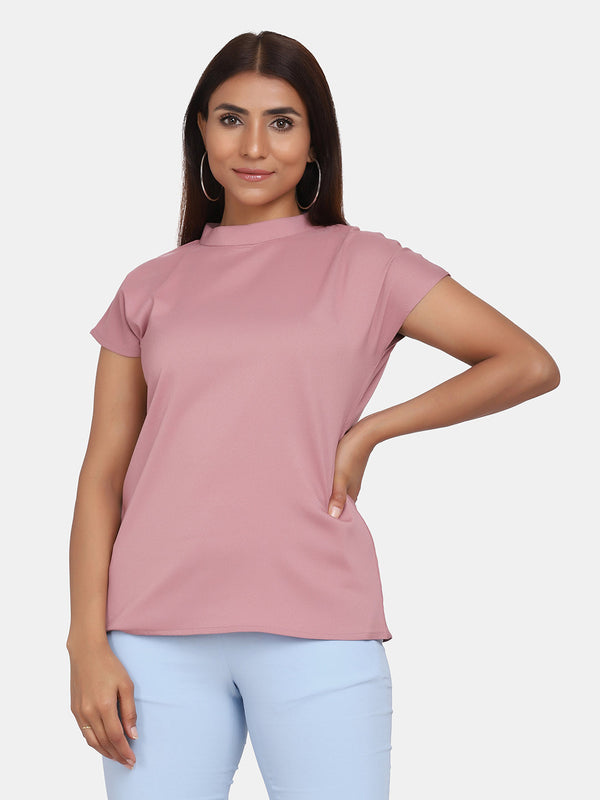 Short Sleeve High Neck Stretch Top in Blush Pink for Women.