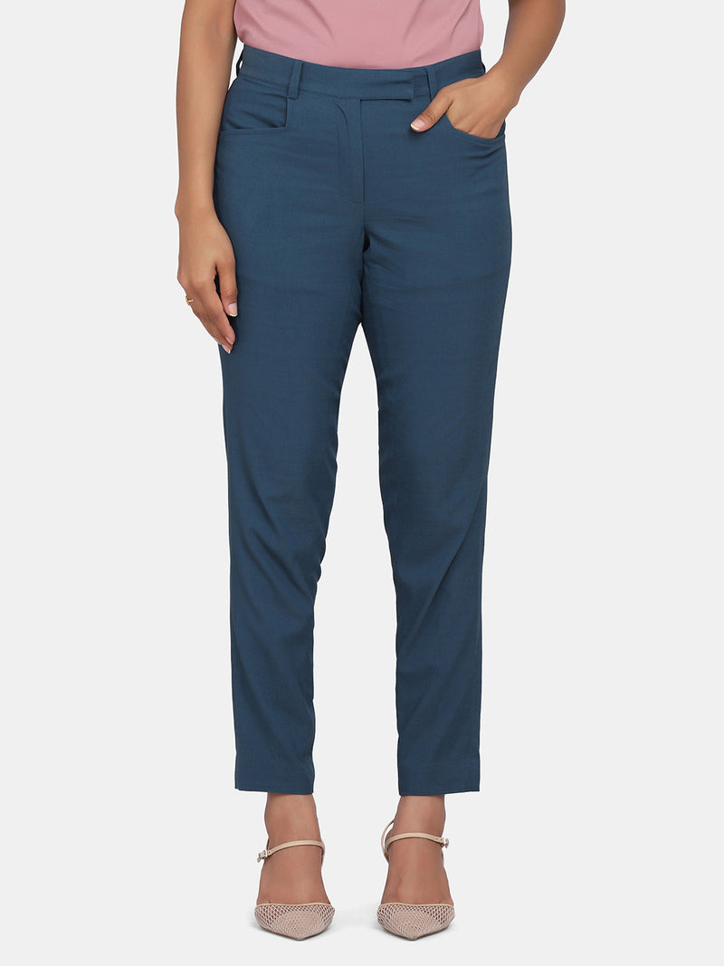 Toko Twill Formal Trouser for Women in Teal Blue color.