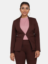 Chocolate brown stretch jacket worn by a woman with a pink top.