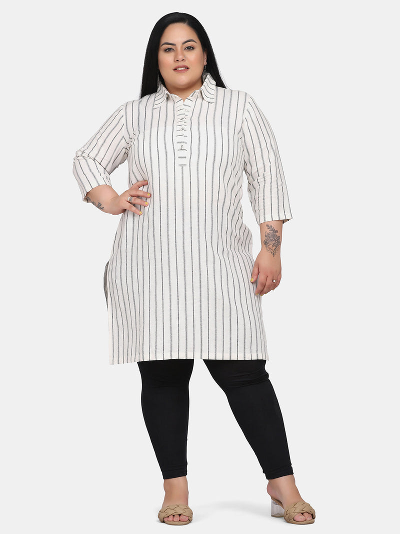 Women’s casual linen striped kurti in white with black stripes.