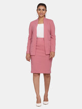 Women's pink formal stretch skirt suit for work.