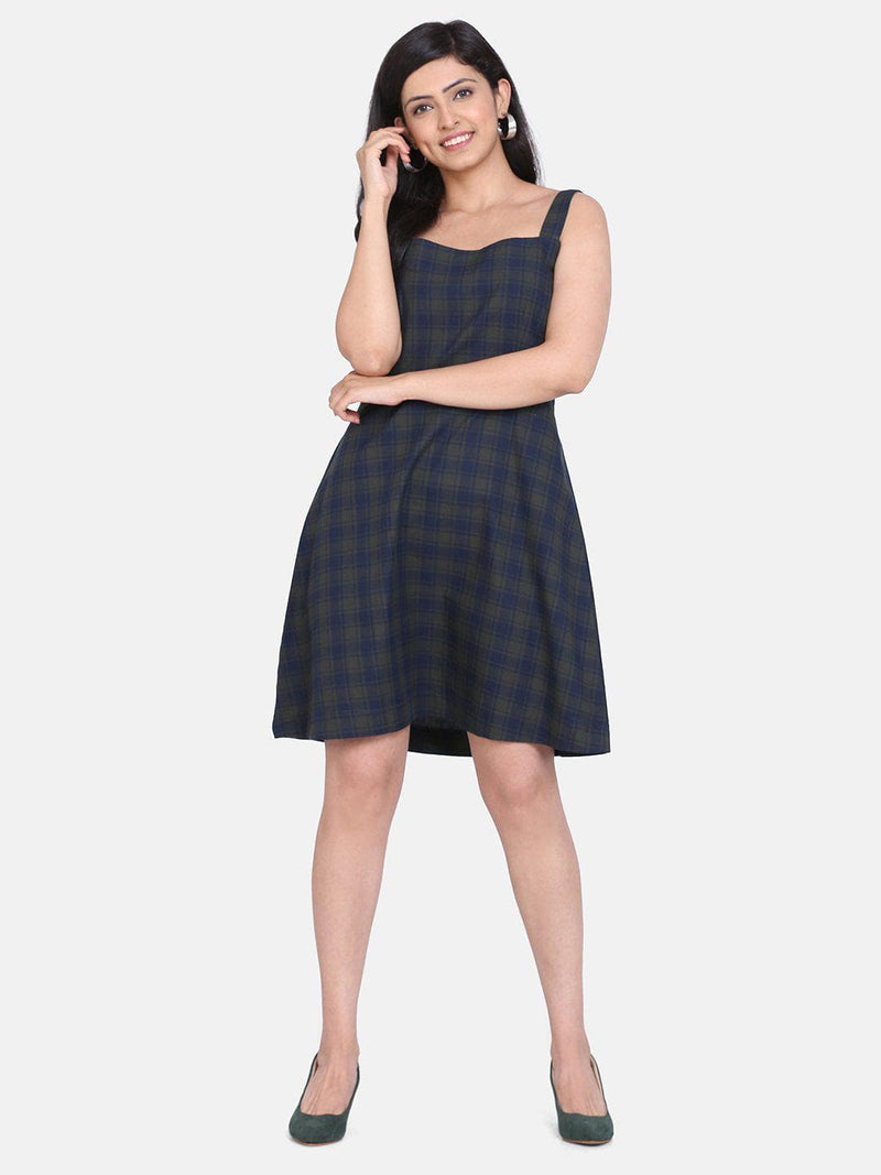 Cotton Check Dress For Women - Green and Blue