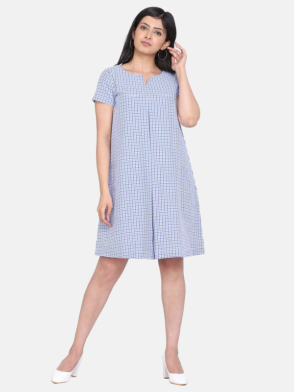 Gingham Cotton Trapeze Dress For Women - Sky Blue