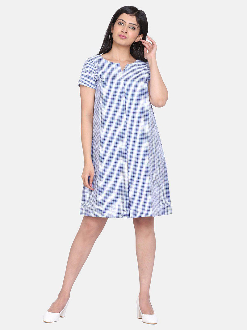 Gingham Cotton Trapeze Dress For Women - Sky Blue