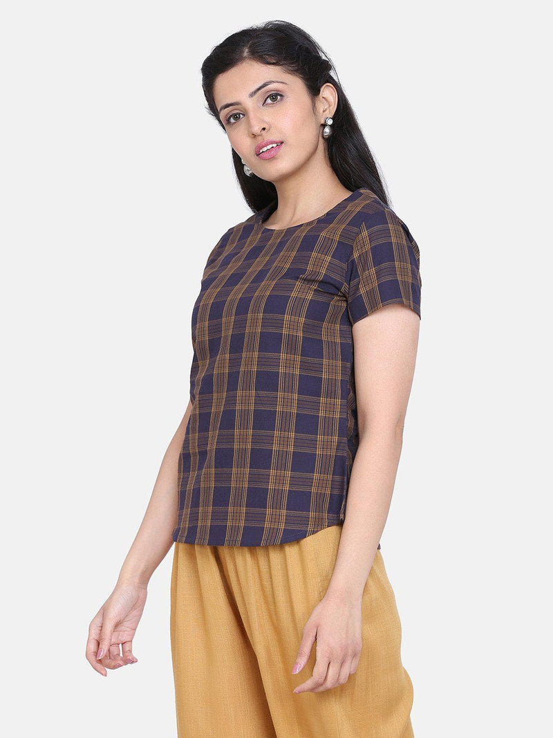 Check Cotton Top For Women - Brown