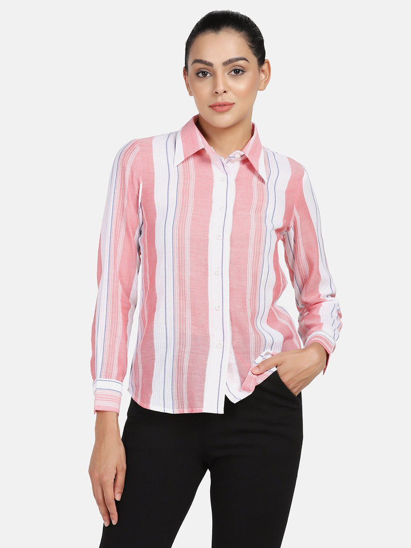 Striped peach cotton shirt for women, stylish and casual attire.