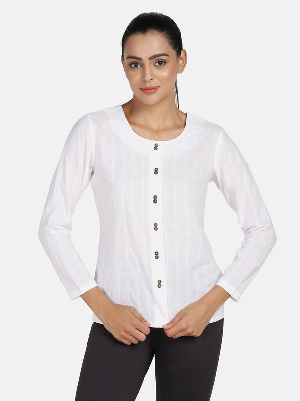 Formal round neck white top with buttons for women.