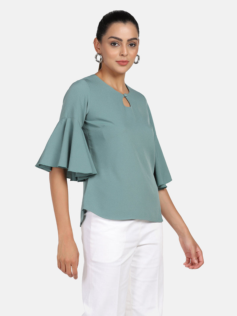 Bell sleeves sage green poly crepe top, stylish and elegant women's fashion.