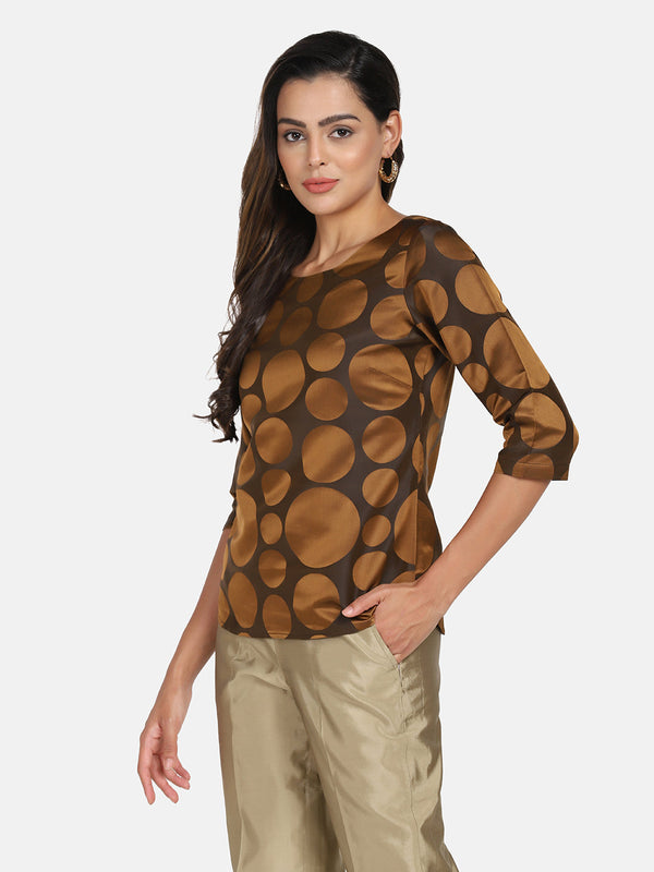 Formal pure silk top in copper brown with circular print design.