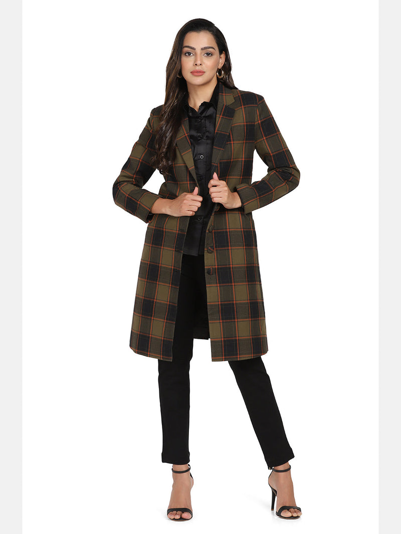 Checkered tweed coat in blue and green for stylish layering.