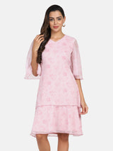 Floral print chiffon A-line dress in pink for women.