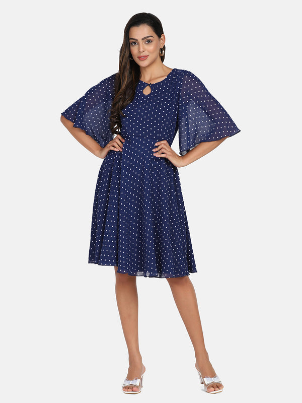 Polka dot flare dress in royal blue color with elegant sleeves.