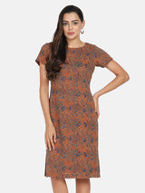 Orange and blue paisley print georgette sheath dress for women.