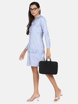 Business formal light blue stretch button-down dress for women.