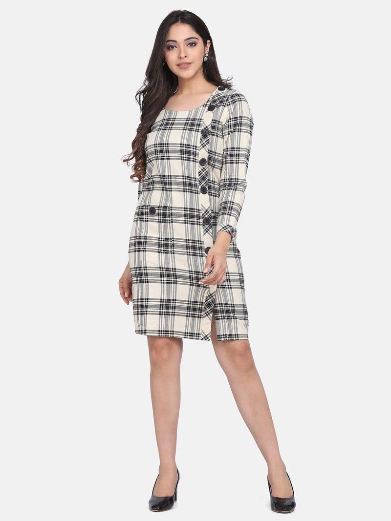 Off White & Black Checkered Stretch Cotton Dress